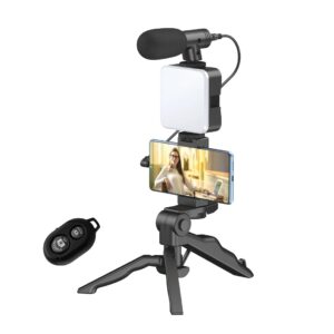 Tygot Vlogging Kit 6 in 1 for iPhone, Android (with Tripod), Mini LED + Cardioid Microphone + Phone Clip + Tripod for Live Broadcasting, Video Calling, Vlogging, YouTube, Instagram (T-6.1)