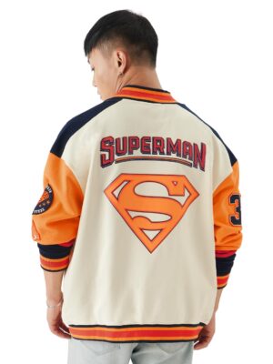 The Souled Store Official Superman: Man of Steel Men and Boys Long Sleeve Button Front Multicolor Graphic Printed Oversized Fit Varsity Jackets Superman Logo Superhero Movie Dc Comics Man Of Steel