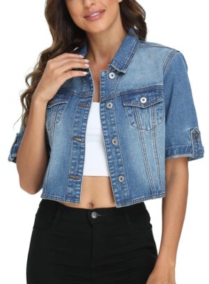 MISS MOLY Women's Cropped Denim Jackets Summer Short Sleeve Classic Casual Jean Jackets