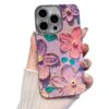 Elzzi Compatible with iPhone 14 Pro Case 3D Laser Flower Oil Painting Cute Colorful Blue Ray Bumper with Full Camera Protection Shockproof PC+TPU Glossy Shiny Cover for Girls Women, Purple+Pink