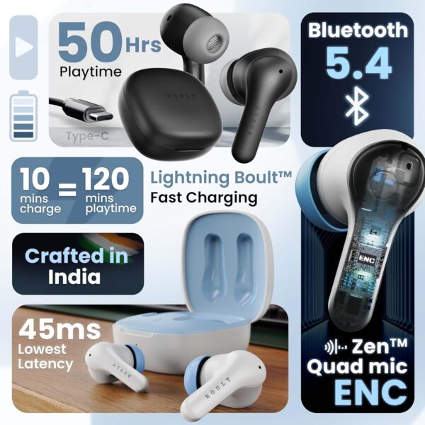 Boult Newly Launched K10 Truly Wireless In Ear Ear buds with 50H Playtime, 4 Mics Clear Calling, 45ms Low Latency, Type-C Fast Charging, IPX5, Made in India TWS earbuds bluetooth wireless (Pure Black)