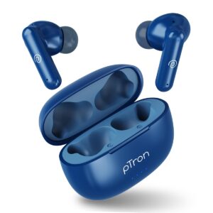 pTron Bassbuds Zen In-Ear TWS Earbuds with Quad Mic TruTalk ENC Calls, 50Hrs Playtime, Bluetooth 5.3 Headphones with Mic, Deep Bass, Game/Music Modes, Touch Control, Type-C Fast Charging & IPX4 (Blue)