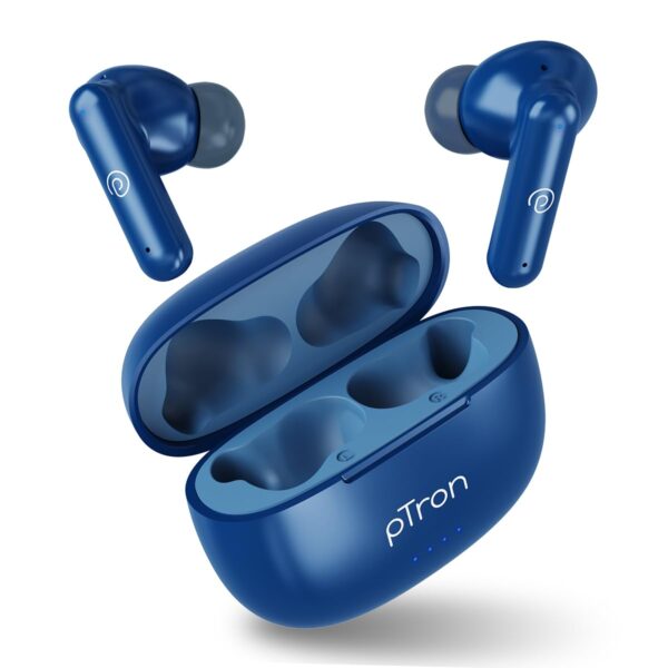 pTron Bassbuds Zen In-Ear TWS Earbuds with Quad Mic TruTalk ENC Calls, 50Hrs Playtime, Bluetooth 5.3 Headphones with Mic, Deep Bass, Game/Music Modes, Touch Control, Type-C Fast Charging & IPX4 (Blue)