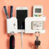GEOCARTER Wall Mobile Holder, Multi-Purpose Phone Charging Stand, Space Saving Remote, Keychain Holder & Pen-Pencil Organiser for Wall Mount, Portable Smart Gadget Mobile Accessories -White, Pack-1