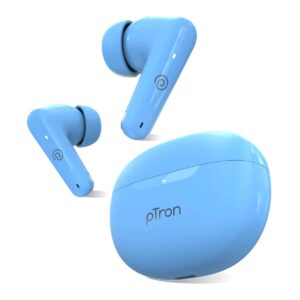 pTron Bassbuds Astra in-Ear TWS Earbuds with Stereo Sound, 34Hrs Playtime, Stereo Calls, Bluetooth V5.3 Headphone with Quick Pairing, Touch Control, Voice Assist, Type C Charging & IPX4 (Light Blue)