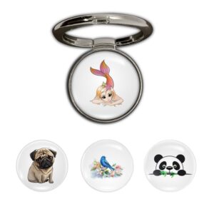 Swap-n-Snap, Metallic Black 360 Holo-Ring Mobile Phone Grip Holder & Stand with Set of 4 Changeable 3D Logo Magnets in Cute Animals Theme for Phone & Back Cover