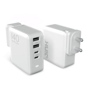 JINX 140W 4 Port PD GaN Charger Fast Charge 4 Device Simultaneously Compatible with Macbooks, Laptops, iPhone,3X Type C Charger PD 3.0 & 1x Type A Port, BIS Certified, EU/USA/UK Plugs (140W 2C 2A)