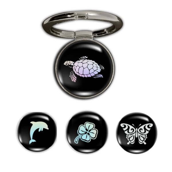 Swap-n-Snap, Metallic Black 360 Holo-Ring Mobile Phone Grip Holder & Stand with Set of 4 Changeable 3D Logo Magnets in Hologram Charms Theme for Phone & Back Cover