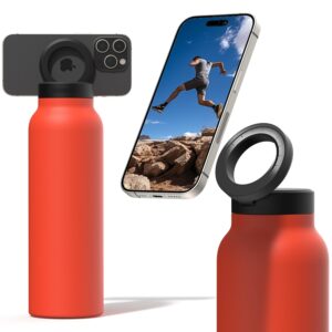 Ringo Insulated Water Bottle - Compatible MagSafe Water Bottle With Phone Holder - Stainless Steel Water Bottle With Magnetic Phone Tripod Mount - Hot 12H, Cold 24H, 360° Rotate - Orange 24oz