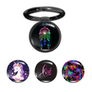 Swap-n-Snap, Metallic Black 360 Holo-Ring Mobile Phone Grip Holder & Stand with Set of 4 Changeable 3D Logo Magnets in Adorable Theme for Phone & Back Cover