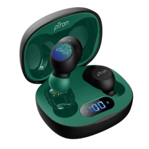 pTron Bassbuds Pro V2 in-Ear TWS Earbuds with HD Mic for Clear Calls, Pristine Audio, Mini Bud Design, Bluetooth v5.1 with Quick Pairing, Touch Control, Voice Assistant & IPX4 (Black & Green)