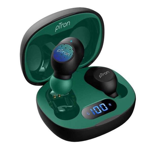 pTron Bassbuds Pro V2 in-Ear TWS Earbuds with HD Mic for Clear Calls, Pristine Audio, Mini Bud Design, Bluetooth v5.1 with Quick Pairing, Touch Control, Voice Assistant & IPX4 (Black & Green)