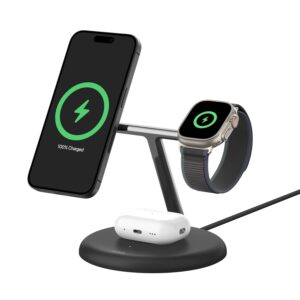 Belkin MagSafe 3-in-1 Qi2 Wireless Charger Stand 15W | Fast Charging iPhone Charger for iPhone 16, 15, 14 & 13 Series, AirPods, & Apple Watch | 36W Charger Included | Black